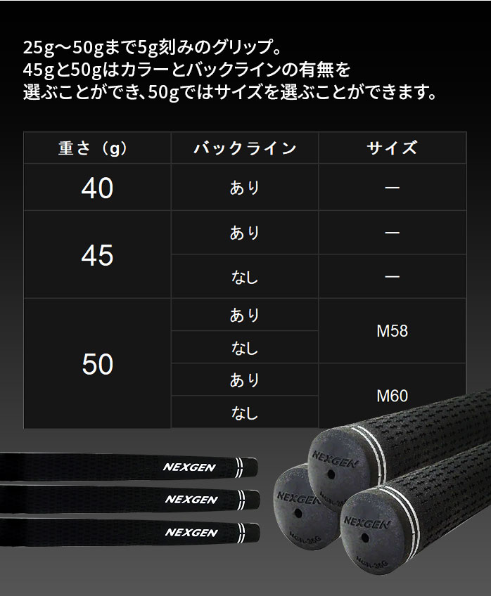 NEXGEN �S���t �d�ʕʃO���b�v BK  45g 50g �o�b�N���C���L/�� M58 M60 GRIP �l�N�X�W�F��